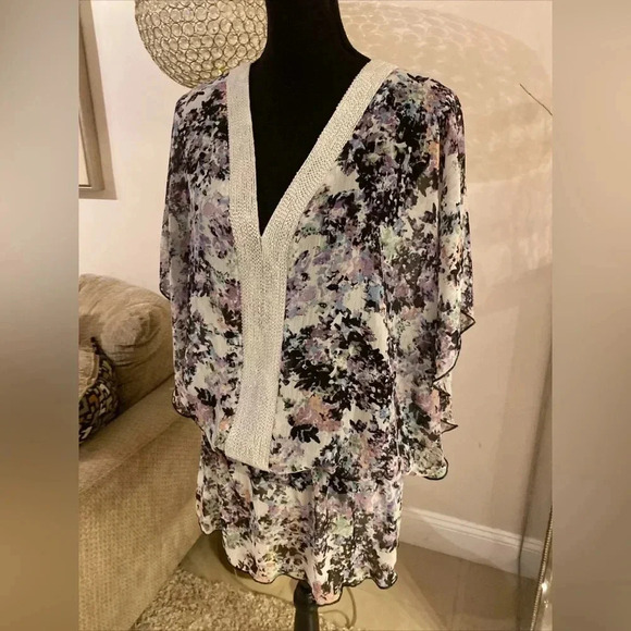 Badgley Mischka White and Purple V-Neck Wrap tunic dress size large - Picture 1 of 6